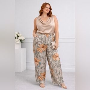 Adrianna Papell Beaded Satin Silk Hibiscus Bamboo Elastic Waist sz 14P